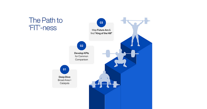 Infographic illustrating the three-step path to business 'FIT'-ness with symbolic figures.