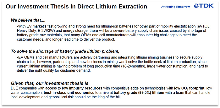 Outline of TDK Ventures investment thesis in direct lithium extraction.