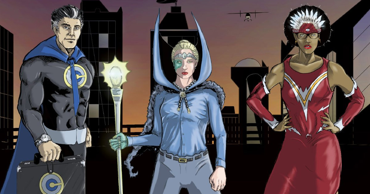 Illustration of three superheroes for "Corporate Crusaders" article in a magazine spread.