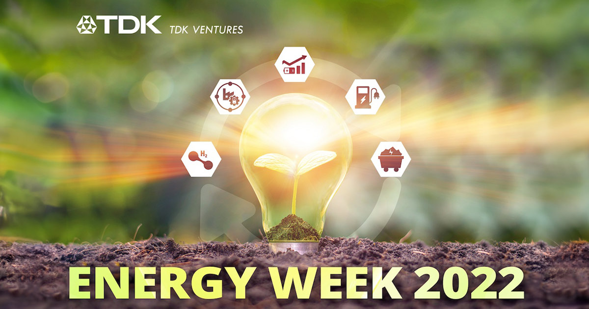 TDK Ventures Energy Week 2022 poster featuring a sprout inside a light bulb, symbolizing sustainable energy.