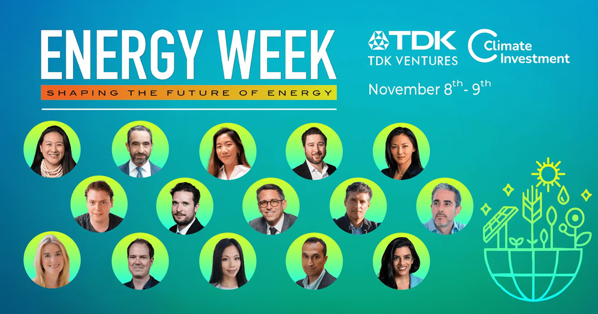 Promotional banner for Energy Week conference, hosted by TDK Ventures and Climate Investment on Nov 8-9.