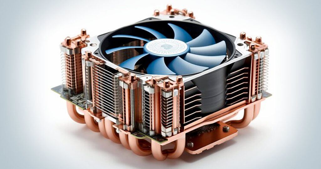 High-performance copper CPU cooler with a blue fan on a white background.