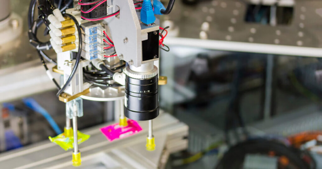 Robotic arm with wires and tools in an industrial automation setup.