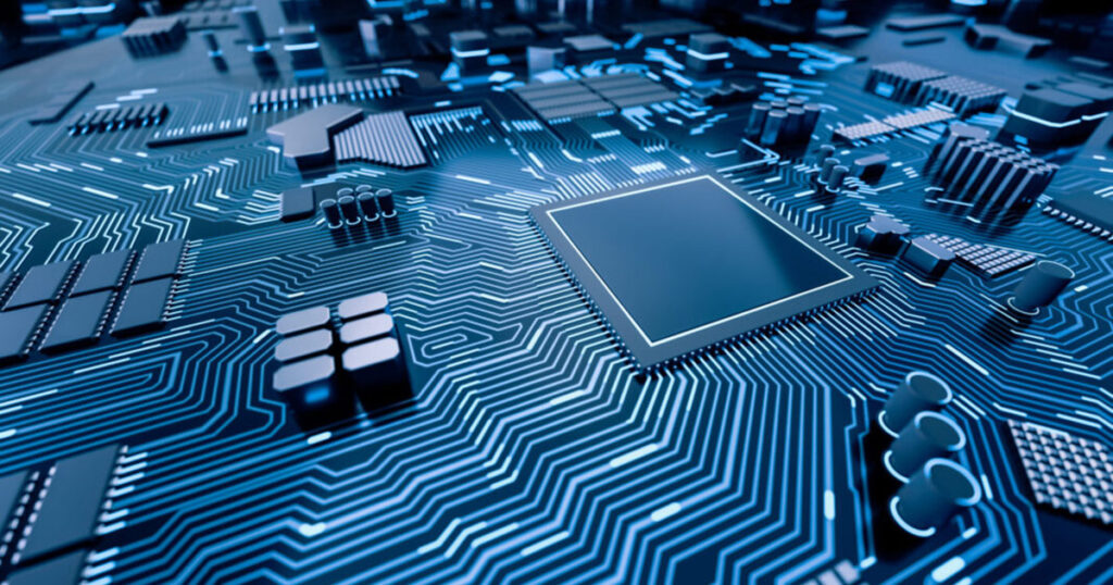 Close-up of a modern blue circuit board with an advanced microchip.