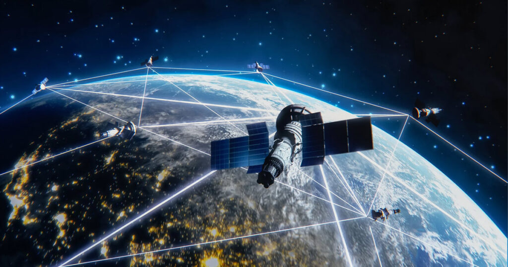 Satellite constellation orbiting Earth for global communication network.