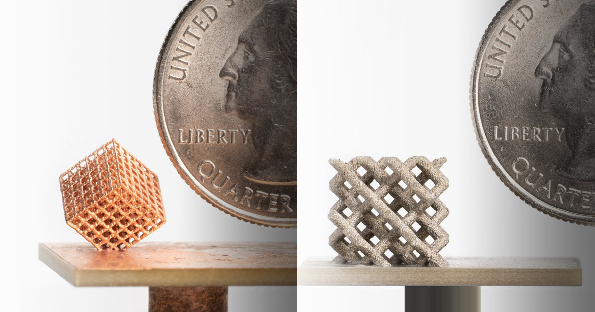 Comparison of copper 3D-printed micro-lattice structures with a U.S. quarter for scale.