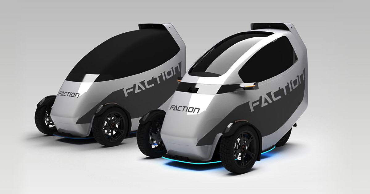 Two Faction futuristic autonomous electric vehicles on a plain background.