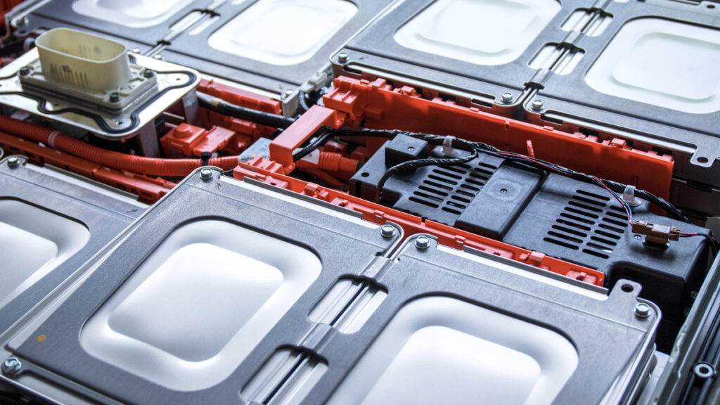 Close-up of an electric car battery pack.