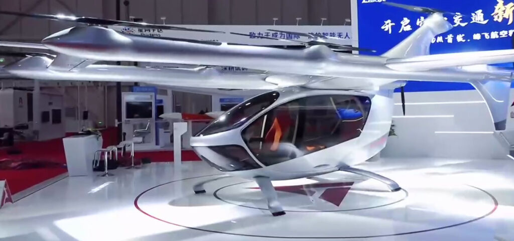 Futuristic drone-like aircraft on display.