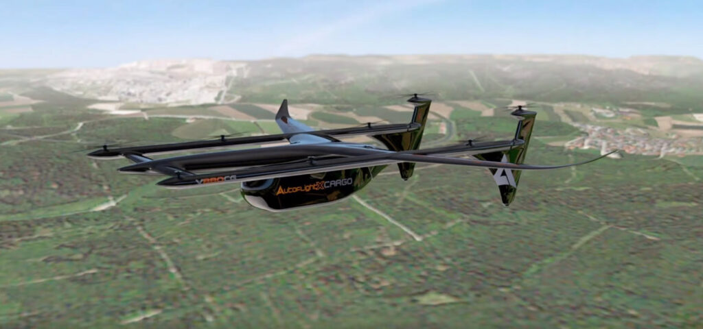 Concept VTOL aircraft flying over landscape.