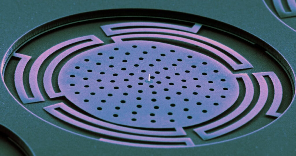 Magnified view of a Mekonos microchip structure with concentric patterns and micro-holes.