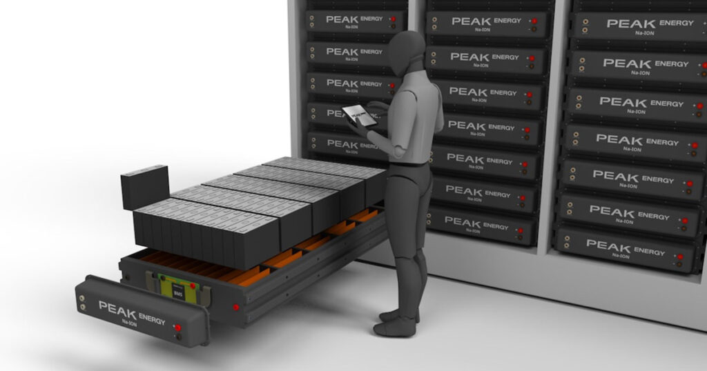 3D render of a technician inspecting Peak Energy battery storage units.