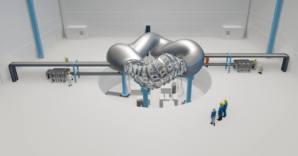 Concept image of workers observing a Type One Energy fusion reactor.