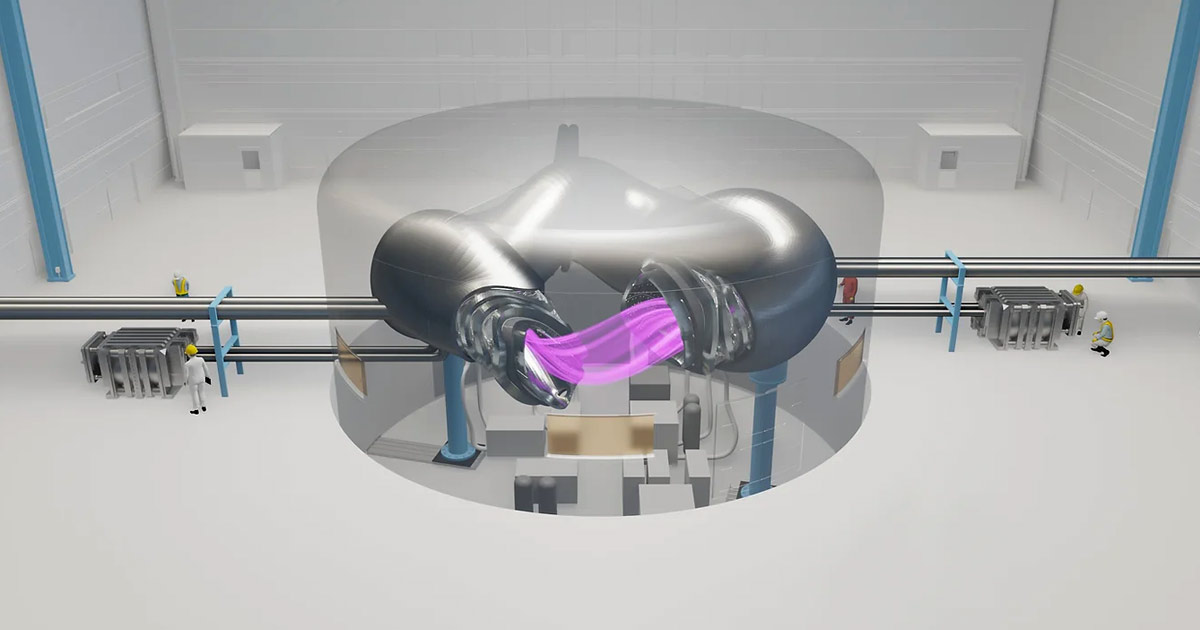 Conceptual image of a futuristic industrial fusion reactor in a clean facility.