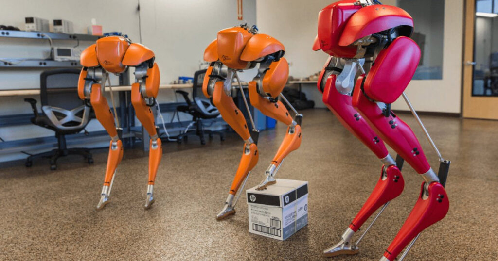 Agility Robotics bipedal robots navigating a lab environment.