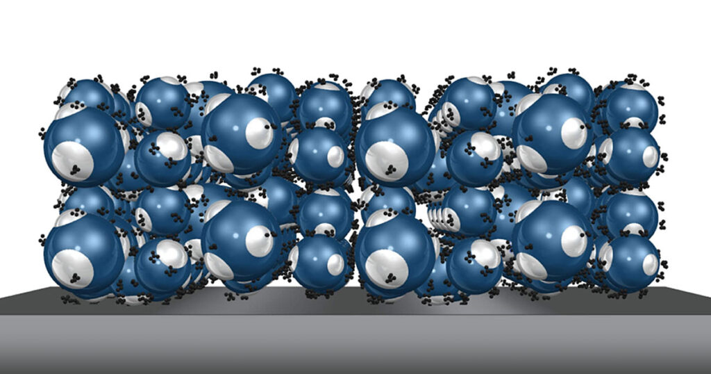 3D render of blue glossy molecules with black and silver atoms.