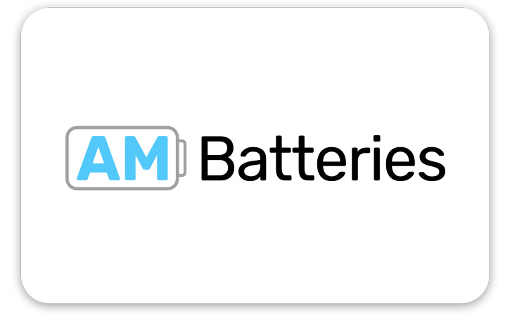 Logo of AM Batteries with stylized blue and white battery icon.