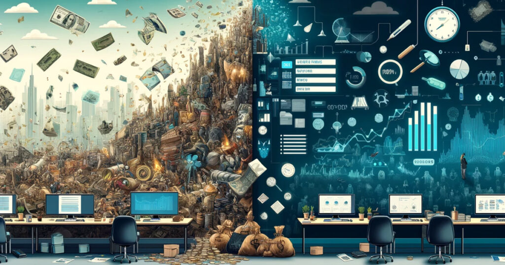 Data analytics workspace contrasted with a chaotic and cluttered environment.