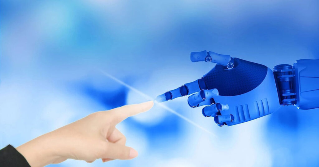 Human and robot hands pointing at each other, symbolizing AI interaction.