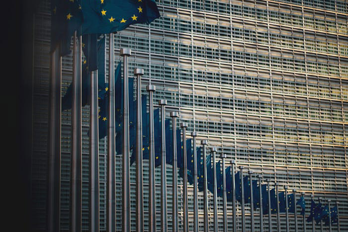 European Union flags in front of a modern building facade with vertical lines.