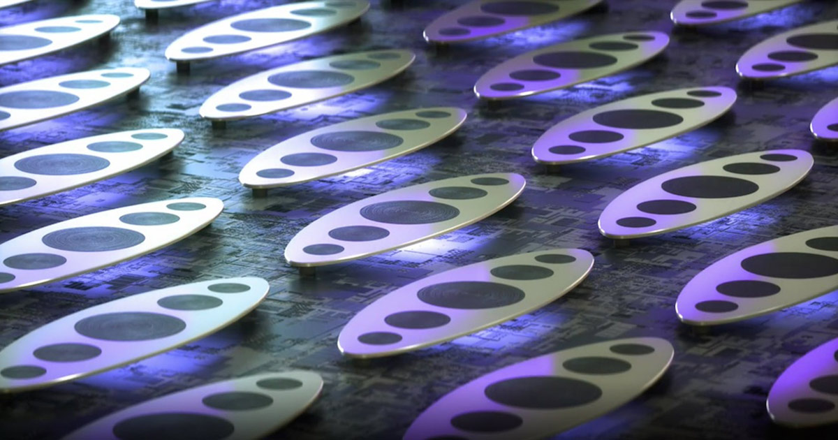 LED light pads with purple illumination on a circuit board.