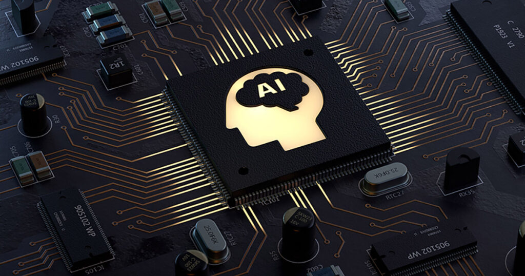 Close-up of an AI processor chip on a circuit board with electronic components.