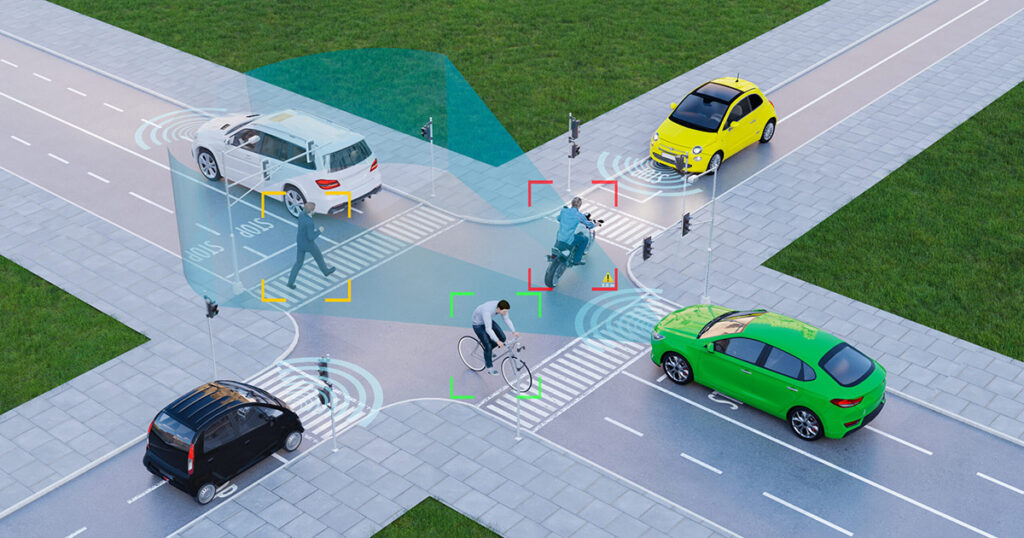 Illustration of a smart city intersection with traffic sensor network connecting cars, cyclists and pedestrians.