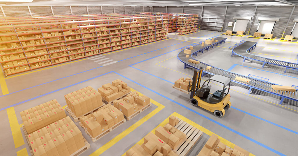 Interior of a modern logistics warehouse with shelves, parcels, and a forklift.