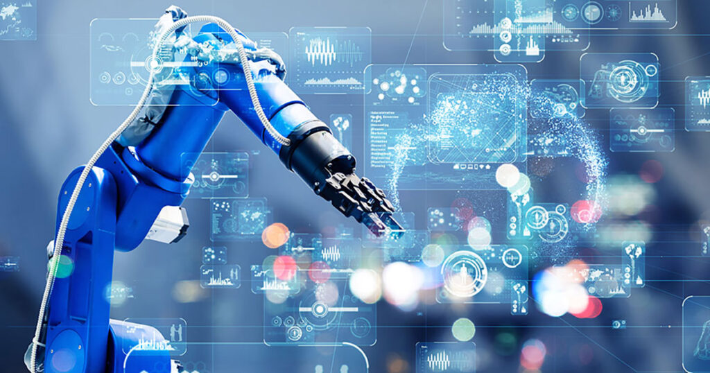 Industrial robot arm with virtual analytical interface overlays.