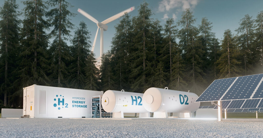 Hydrogen energy storage units with solar panels and wind turbine in a sustainable power facility.