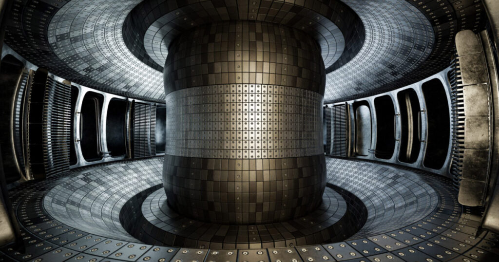 Futuristic spacecraft interior with circular patterns and metallic surfaces.