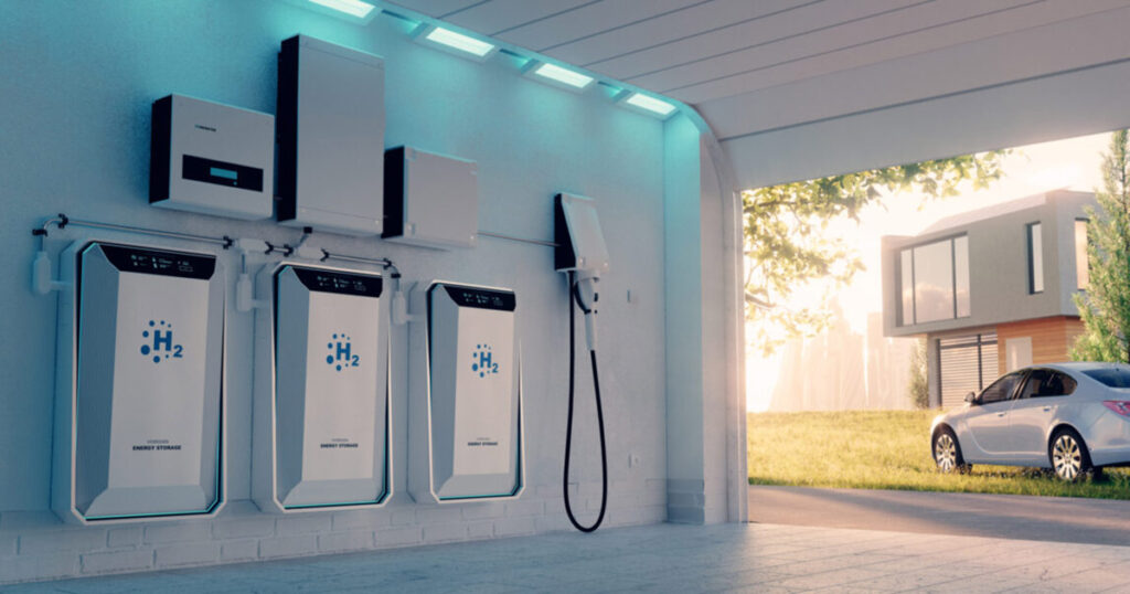 Home hydrogen power storage units with a car charger in a modern garage.