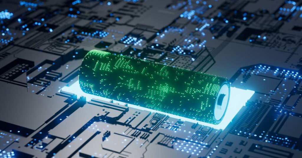 Illuminated battery superimposed on a circuit board highlighting tech innovation.