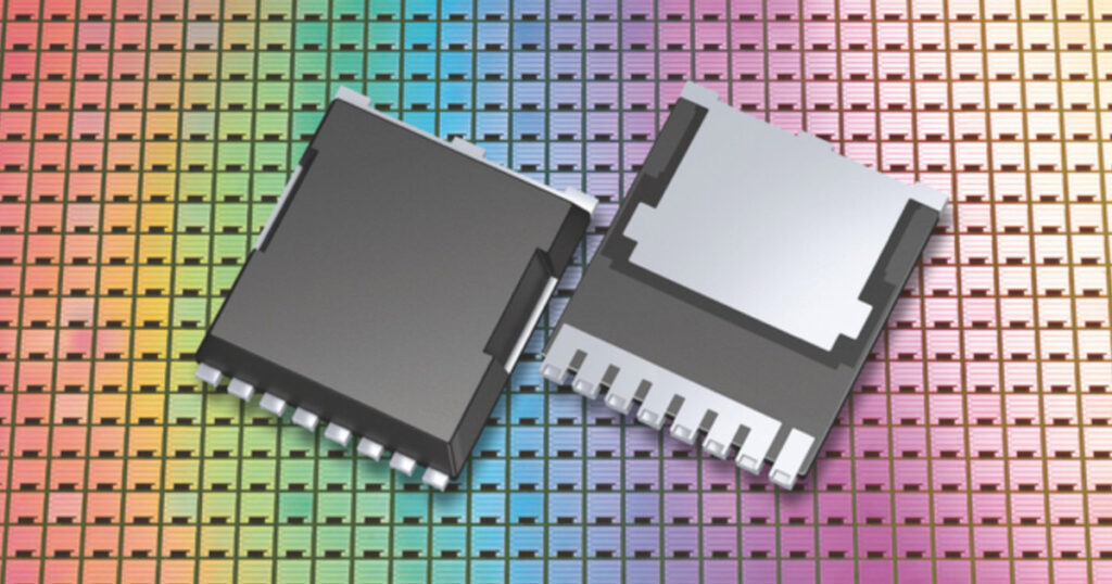 Two microchips placed against a multicolored silicon wafer background.