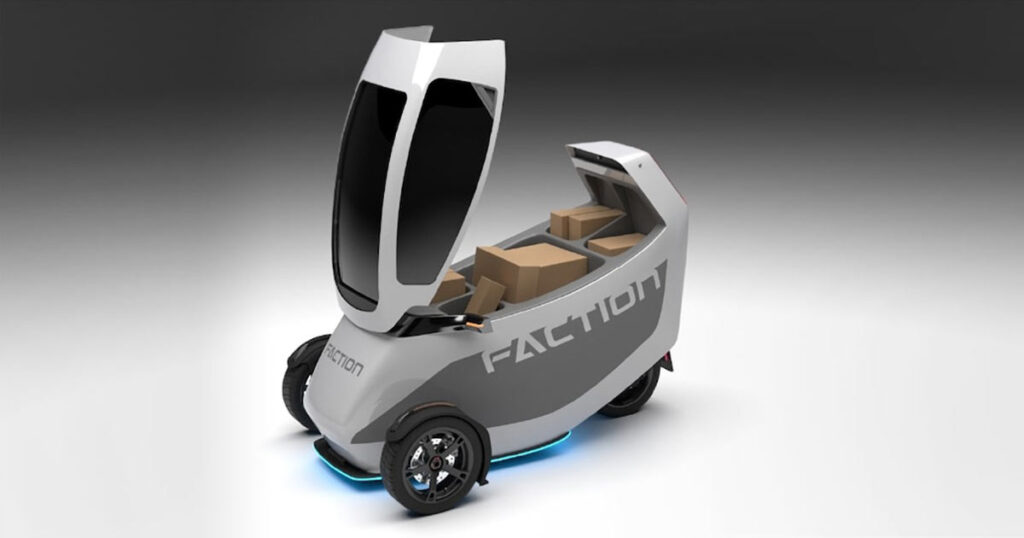 Faction autonomous delivery robot with open compartment showing packages.