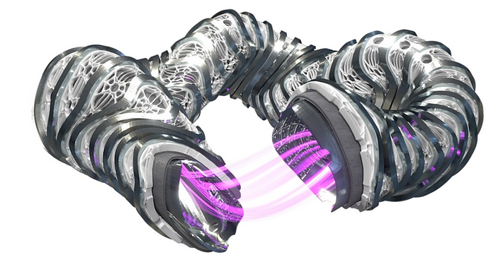 Futuristic metallic coil with glowing purple energy connection.