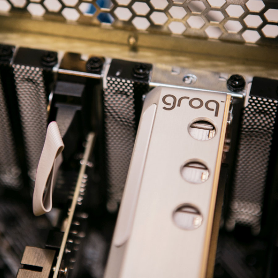 Close-up of computer hardware with 'groq' text.