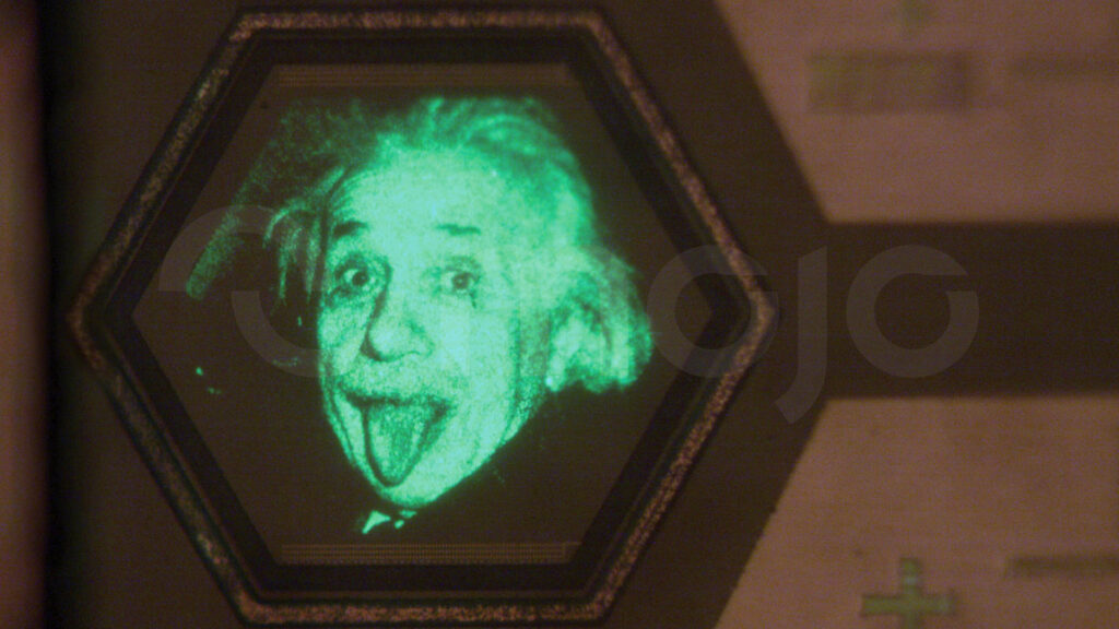 Picture of Einstein sticking tongue out on display.