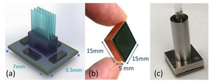 Various microelectronics components including a microchip and heat sink.