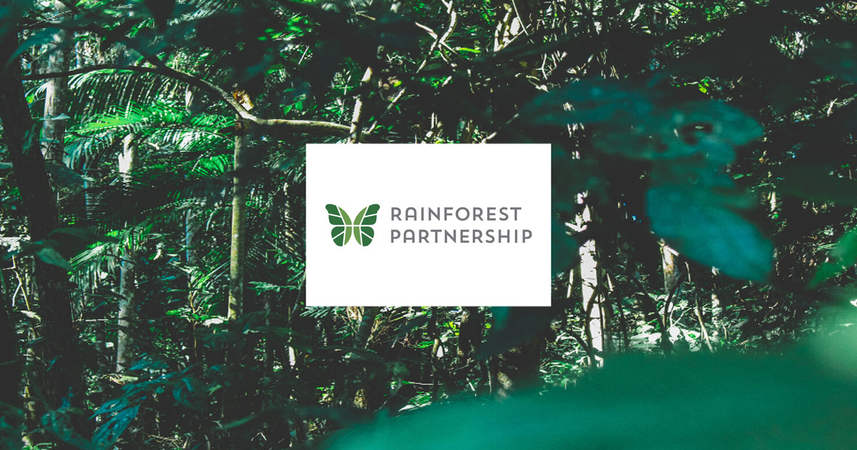 Rainforest Partnership logo displayed amidst lush green foliage.