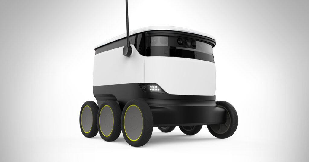 Starship autonomous delivery robot on a white background.