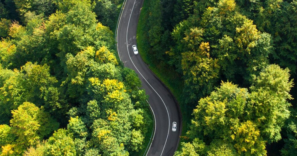 Aerial view of a winding road with cars surrounded by lush green forest.