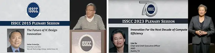 Still images of presentations at the ISSCC 2015 and 2023 Plenary Sessions by Sehat Sutardja and Lisa Su